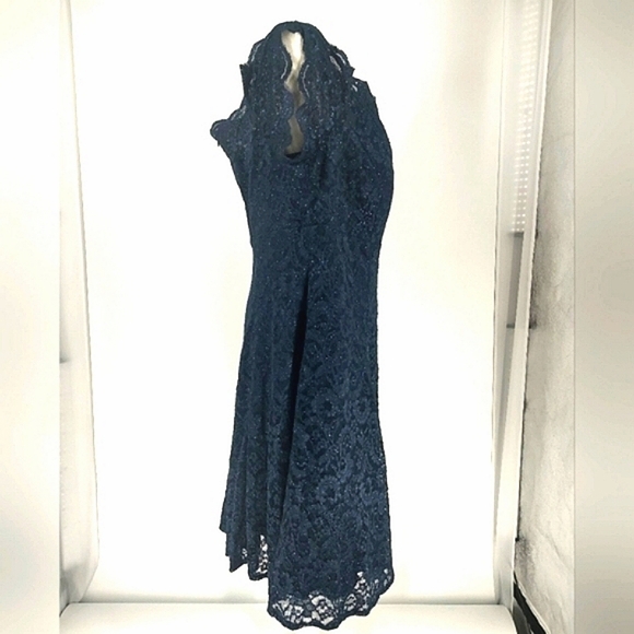 Morgan & Co Plus Size Off The Shoulder Fit & Flare Navy Dress - Picture 2 of 8